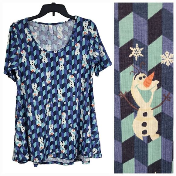 LuLaRoe OLAF Print Perfect T Shirt Disney Frozen Swing Tee Blue Knit Top Small - Picture 1 of 9
